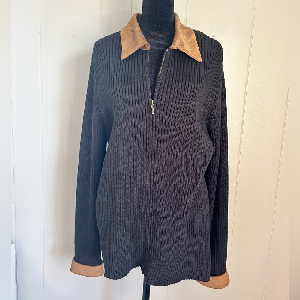 Westbound Black Ribbed Zip Front Sweater With Faux Suede Collar & Cuffs Sz Large